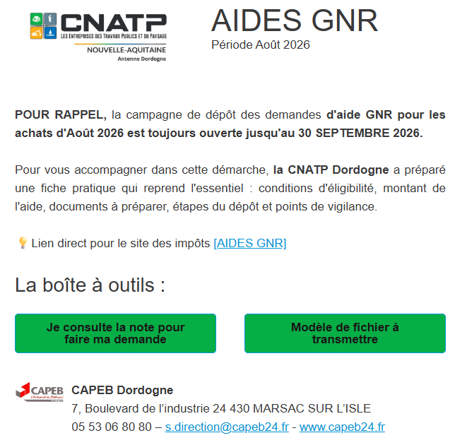 Aides GNR Période Aout 2026
