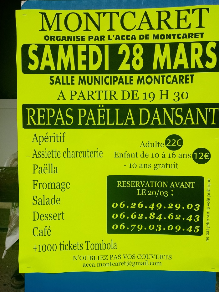 Repas Paëlla organisé par la société de chasse de Montcaret.